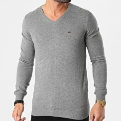 Bon marché ⭐ Pull Col V Poki Gris Chiné Foncé de Teddy Smith ⭐