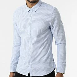 Vente flash 🥰 Chemise Manches Longues A Rayures Carton 10711547D Bleu Clair de Teddy Smith ❤️